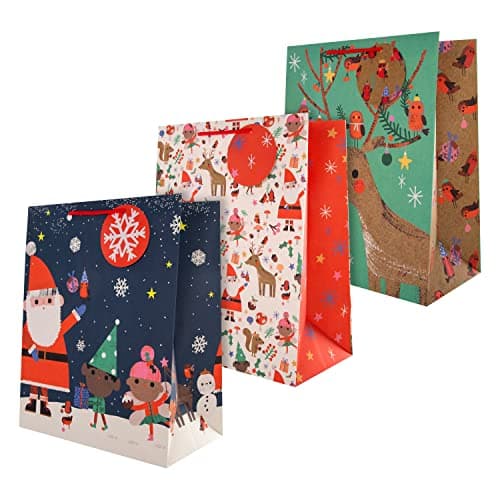Image of Hallmark Gift Bags, Pack of 3 Large Gift Bags, 3 Festive Santa & Reindeer Designs, Christmas
