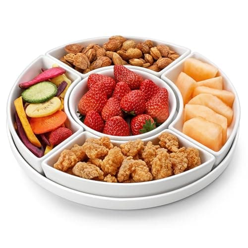 Image of MALACASA Porcelain Divided Serving Dishes, Appetizers Tray, Serving Tray for Party - Perfect for Chips and Dip, Fruit, Veggies, Candy and Snacks, Divided Serving Platter, White