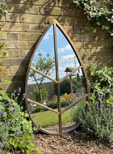 Image of DEENZ Leaf Shape Garden Mirror Plastic Framed Indoor/Outdoor Use Wall Mounted Patio Spaces Floral Vanity Display Geometric Pattern Glass Surface Home Decor 76 X 42.5 X 1.8 Cm (BLACK GOLD)