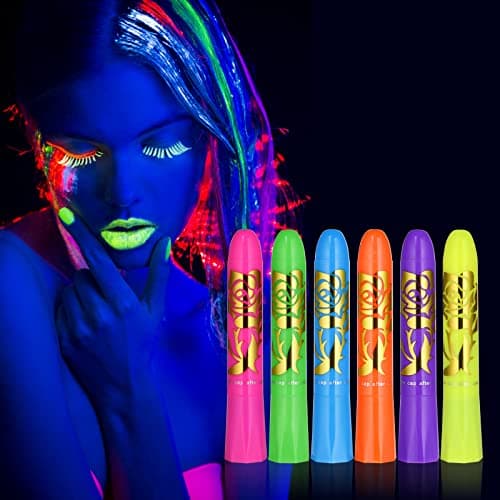 Image of AOOWU Glow UV Neon Glow Face Paint Crayons Kit, 6 Colors Safe Non-Toxic UV Glow Neon Face and Body Crayons for Adults Halloween Makeup Party Cosplay - Fluorescent Brightest Glow under UV!
