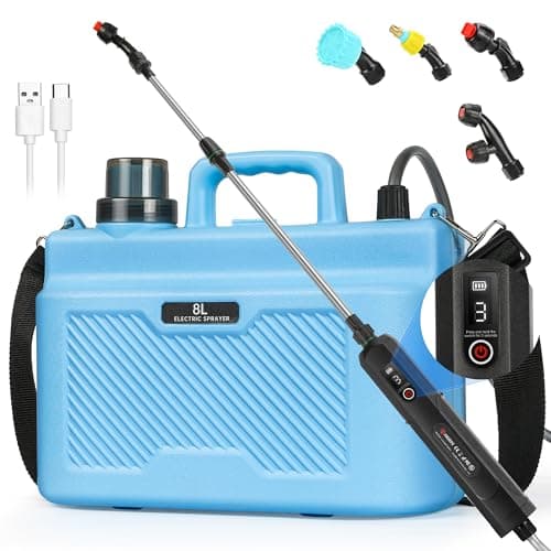 Image of BesWin Battery Powered Sprayer 8L, Rechargeable Electric Garden Sprayer with 3 Speeds Displayed, Battery Indicator, 4 Mist Nozzles, Retractable Wand,Adjustable Shoulder Strap for Lawn Garden and Patio
