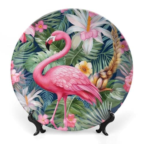 Image of FekiLoot Flamingo Floral PatternDecorative Ceramic Plate Dinner Plate for Salad Dessert Round Display Plate Decorative Porcelain Dish Wall Ornament Microwave Oven Dishwasher Safe Gift 8inch