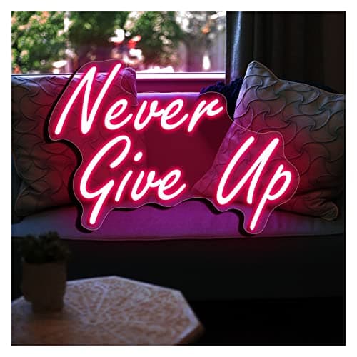 Image of Custom Neon Sign 'Never Give Up' Personalized Led Neon Lights Signs With Remote Control Dimmable for Bedroom Home Bar Birthday Party Wedding Wall Decors(Pink,50x35cm(19x13.7))