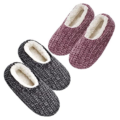Image of cosyone1997 2 Pack Soft Furry Indoor Outdoor Warm Sherpa Ballet Flats Non-Slip Soles Winter Bedroom Fluffy Slip On Socks Cosy Christmas Gift, Chenille Knit 2 Pack Pink and Grey, 8.5/9 UK