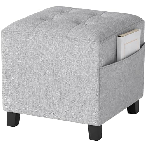Image of HOMCOM Square Footstool, Small Ottoman with Side Pocket, Linen Fabric Footrest Foot Stool with Rubber Wood Legs and Padded Seat for Living Room, Bedroom, Entryway, 35 x 35 x 35cm, Light Grey