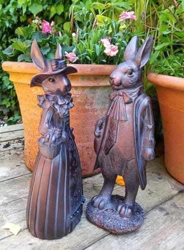 Image of Inspirational Gifting Mr and Mrs Rabbit Sculptures Garden Ornaments Figurines in cast Polystone Resin with an aged bronze finish 36cm tall!