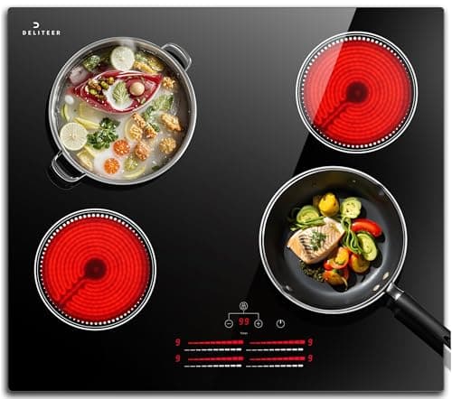 Image of DELITEER Ceramic Hob 4 Zone, Electric Hob 60cm, 6000W, Built-in Electric Ceramic Hob, Individual Touch Control, 9 Power Levels, Safety Lock, Timer, for All Pots, Hard Wired, No Plug Included