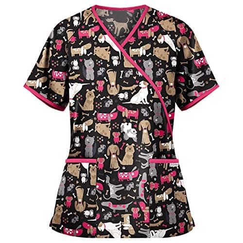 Image of Cute Scrubs Uniforms for Women Uniform Cat Grooming Cute Printed Nurses Uniform Lace up Nurses Scrubs Top Short Sleeve Beauty Tunics Tops Spa Salon Work Wear Carers Tops (Black, L)