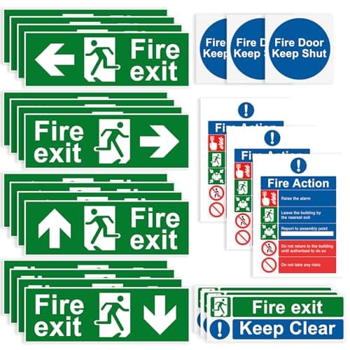 Image of Samamoca 25 Pcs Premium Fire Exit Sign Kit (Right, Left, Up, Down Arrow),Fire Safety Sticker,Fire Signage,Fire Action Notice Sign, Keep Clear, Door Keep Shut
