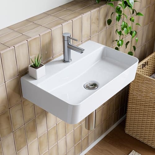 Image of HOROW Wall-Mounted Ceramic White Wall-Mounted Washbasin Rectangular 46 x 30 cm, Countertop Sink with Tap Hole without Overflow, Hand Wash Basin, Small Guest Toilet