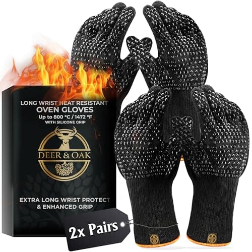 Image of Deer & Oak Long Wrist Heat Resistant Non Slip Oven Mitts (2 Pack) - Up to 800°C / 1472°F Heatproof BBQ Gloves with Silicone Grip, Oven Gloves for Grilling, Cooking, Baking