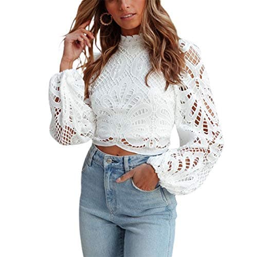 Image of Loalirando Women's Long Sleeve Lace Tops, Casual Crochet Hollow Out Turtleneck Blouse Shirts (White, XL)