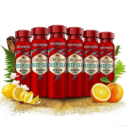 Image of Old Spice Deep Sea Deodorant Body Spray For Men 150 ml, 48H Fresh, 0 Percent Aluminium Salts, Anti-White Marks and Yellow Stains x6