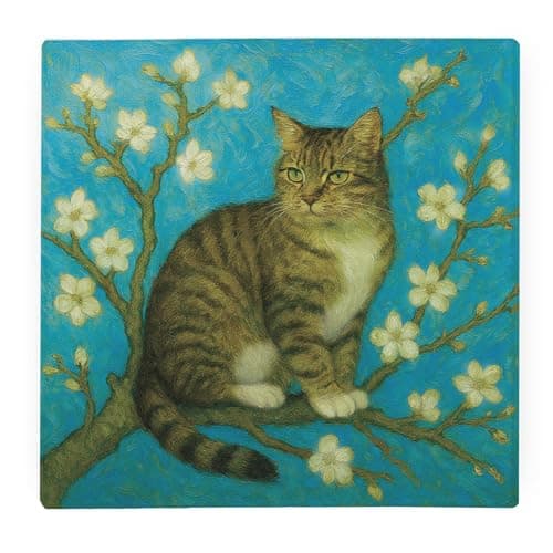 Image of Van Gogh Almond Blossoms Tabby Cat Glass Worktop Protector - Large Square Kitchen Chopping Board Housewarming Gift 30cm x 30cm (12" x 12")