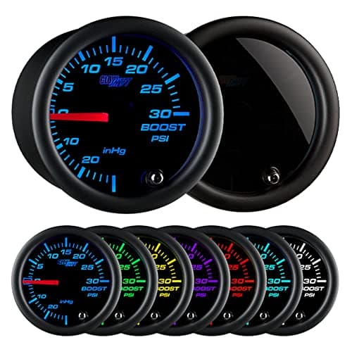 Image of GlowShift Tinted 7 Color 30 PSI Turbo Boost/Vacuum Gauge Kit - Includes Mechanical Hose & T-Fitting - Black Dial - Smoked Lens - for Car & Truck - 2-1/16" 52mm