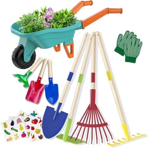 Image of LATERN Kids Gardening Tool Set, 70CM Wheelbarrow with 70CM Metal Shovel Rake Hoe Leaf Rake 20CM Shovel Rake Gloves Educational STEM Learning Pretend Toy for Outdoor Garden Yard Lawn Digging Playing