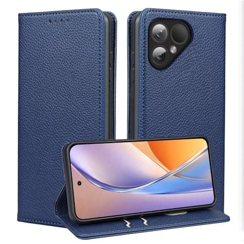 Image of JNERBUYI Leather Case for Fairphone 5, Flip Phone Case with Lychee Texture PU Cover, Strong Magnetic Closure Shell has RFID Blocking. Dark Blue