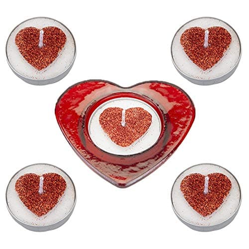 Image of With Love Red Glitter Heart Tealight Candles and Glass Holder Set Valentines Day