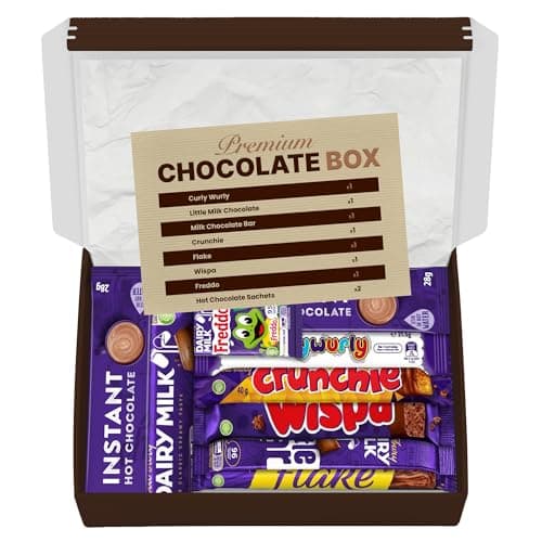 Image of Premium Chocolate Gift Box Hamper with Hot Chocolate Sachets - A Mix of Full Size Chocolate Bar & Surprise Sweet Treats for Adults & Kids - Letterbox Friendly