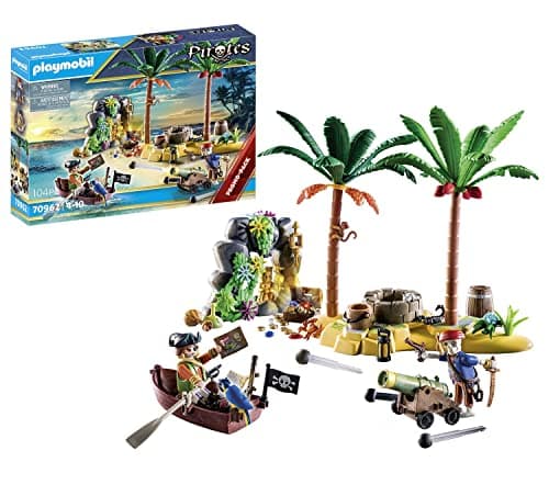 Image of PlayMOBIL 70962 Pirates Promo Pack Pirate Treasure Island with Rowboat, skeleton and firing cannon, pirate World, Fun Imaginative Role-Play, PlaySets Suitable for Children Ages 4+