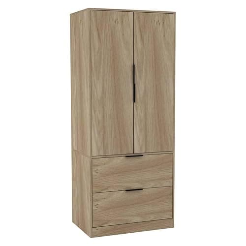 Image of URBNLIVING 2 Door 2 Drawer Minimalist Bedroom Oak Wardrobe Storage & Hanging Rail Modern Furniture with Clothes Shelf for Home Organiser Unit 179cm H x 74cm W x 50cm D