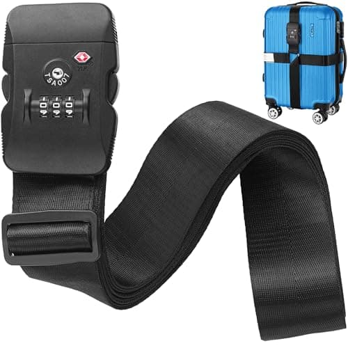 Image of BlueCosto - Luggage Strap with TSA Lock - 2.2 to 4m Adjustable, Jet Black - TSA Approved Suitcase Security Belt with 3 Digit Combination Locking - 5cm Wide Heavy Duty Baggage Strap for Secure Travel