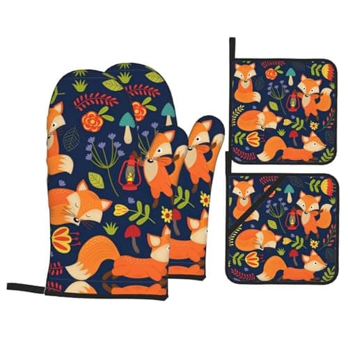Image of Cute Animal Fox Flower Print Oven Mitts Pot Holders Set 4 Pcs Kitchen Essentials Heat Resistant Hot Pads Gloves