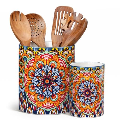 Image of vancasso SIMI Utensil Holder, 7.3"+5.5" Porcelain Kitchen Utensils Holder for Countertop, Bohemian Kitchen Utensil Organiser for Spatulas, Ladles, Spoons, Cutlery, Counter Utensil Crock, Regal Bloom