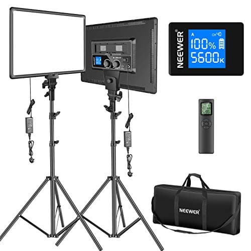 Image of NEEWER LED Video Lighting Kit , 2 Pack Dimmable Bi Color 18" Large LED Panel with 2.4G Wireless Remote & Tripod Stand, 45W 3200K-5600K CRI97+ Studio Key Light for Photography Video Recording Streaming