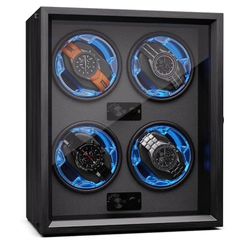 Image of KLARSTEIN Automatic Watch Winder for 1 Watch, Luxury Watch Storage Box, Acrylic Window Display Case, Auto Watch Winder Uk for Men & Women, Blue LED, 4 TPD Settings, Spring Tension Watch Winder Motor