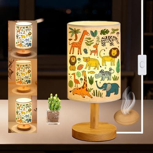 Image of Animal Kids Bedside Table Lamp for Bedroom, 3 Colors Nightstand Light Lamp with Wood Base Round Flaxen Fabric Shade Desk Reading Lamp for Girls Boys Room Decor, Animal Nursery Stuff Girls Gifts