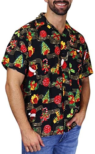 Image of King Kameha Men's Ugly-Christmas Shirt - Funky Short-Sleeve Button-Up Christmas Print Casual, Black, 5XL