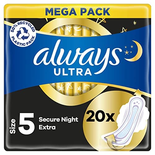 Image of Always Ultra Sanitary Towels with Wings, Secure Night, Size 5, 80 Towels (20 x 4 Packs), MEGA Pack, Odour Neutraliser, Absorbent Core