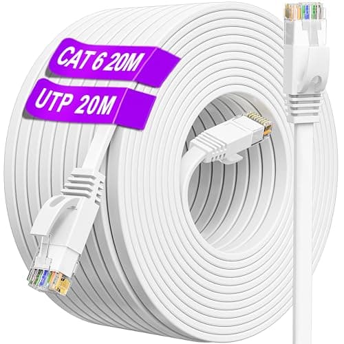 Image of Ethernet Cable 20m, Cat 6 High Speed Internet Cable 20m Flat Network Cable, Long RJ45 LAN Cable 20 meter 250MHz 1000Mbps, UTP Gigabit White Broadband Patch Cable for Router Modem Switch PC (20 Clips)
