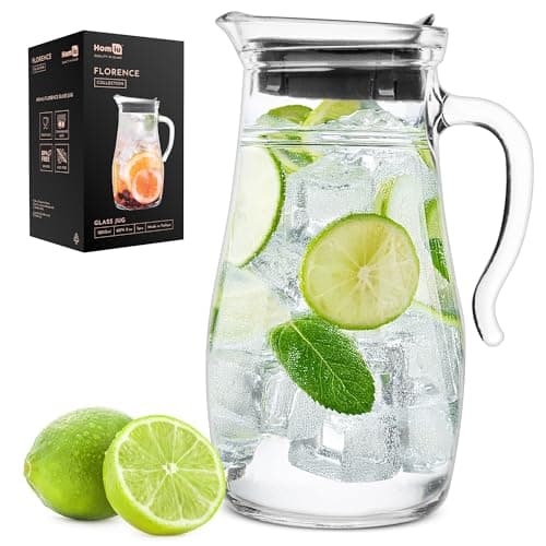 Image of Homiu 1.8L Glass Water Jug | Glass Jug with Lid | Glass Pitcher,Glass Carafe with Lid | Iced Tea Pitcher Water Jug Hot Cold Water Wine Coffee Milk and Juice Beverage Carafe | Water Jug for Fridge