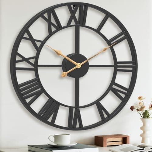 Image of Pytha Sight Large Wall Clock,50CM Black Big Skeleton Modern Decorative Roman Numerals Silent Vintage Wall Clocks for Living Room,Kitchen,Bedroom,Office,Fireplace,Home