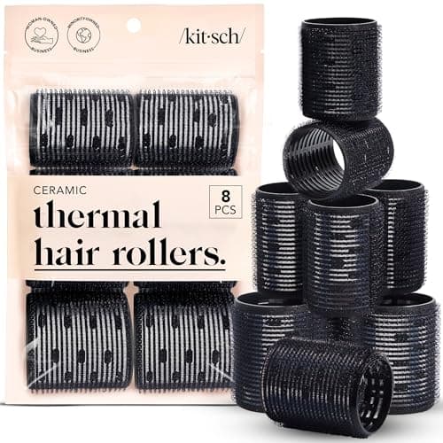 Image of Kitsch Ceramic Thermal Hair Rollers Set 8pcs - Hair Curlers Rollers for Perfect Curls, Hot Rollers kit for long hair, Hair rollers for long hair, Hair Curler & Hair Roller, Ceramic Coated Core, Black