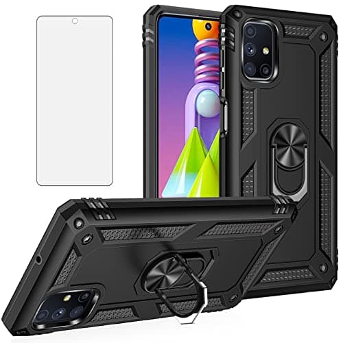 Image of Asuwish Compatible with Samsung Galaxy M51 Case with Tempered Glass Screen Protector and Ring Holder Stand Kickstand Magnetic Metal Cell Accessories Phone Cover for Gaxaly 51M Women Men Black