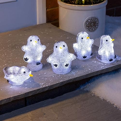 Image of CHRISTOW Light Up Penguin Acrylic Christmas Decorations, White LED, Battery Operated with Timer, Indoor Outdoor, Set of 5 (H10cm to H13cm)