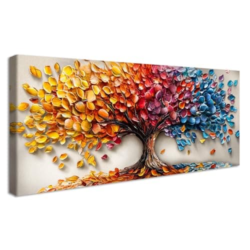 Image of Wooden Framed Large Canvas Wall Art Colorful Tree of Life Painting on Canvas Prints Poster Abstract Red Yellow Blue Tree Pictures for Living Room Bedroom Restaurant Wall Decor Ready To Hang 50x120cm