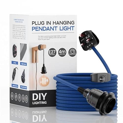 Image of LEDSone Industrial Hanging Pendant Light with Plug-in, E27 Suspended Lamp Holder, 4m Fabric Flexible Cable with Dimmer Switch for Ceiling Hanging Lights (Blue)