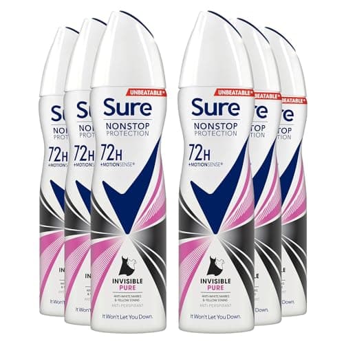 Image of Sure Antiperspirant 72H Nonstop Sweat and Odour Protection Alcohol-Free Body Spray Anti-White Marks with Fresh and Clean Multi Fragrance Deodorant for Women, 150ml Pack of 6 (Invisible Pure)