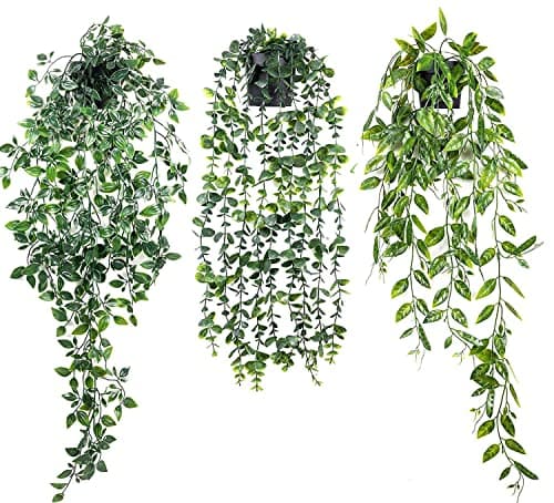 Image of YTZWkit Hanging Artificial Plants Set of 3 Fake Vines Plants Indoors in Pot Trailing Faux Plant for Home Bathroom Garden Office Wedding Wall Decoration Outdoor Gift