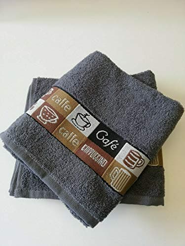 Image of Sue Rossi Ltd Pack of 3 Luxury Cafe Cafe 100% Cotton Embroidered Hand Kitchen Tea Towels (grey)