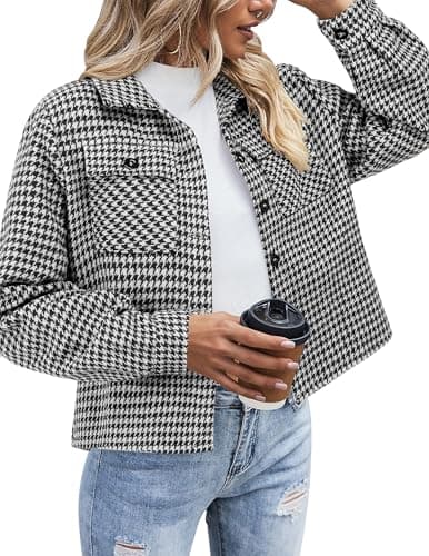 Image of Zeagoo Autumn Jackets for Women Plaid Lumberjack Shirt Jacket Plaid Short Jacket Winter Flannel Shirt Shacket Coat Black XL
