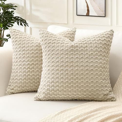 Image of Artscope Pom Poms Decorative Corduroy Cushion Covers 55x55cm Super Soft Boho Striped Square Pillow Covers Case Geometric for Sofa Couch Bedroom Car Decor Set of 2, Beige
