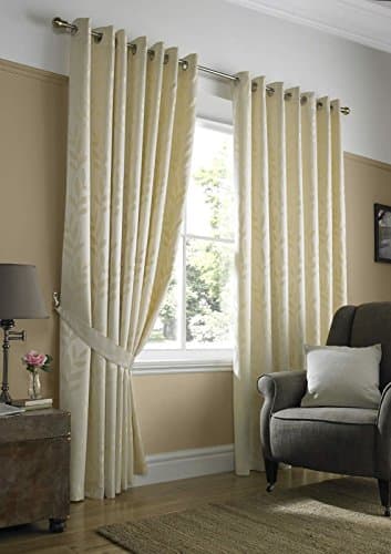 Image of Tivoli, Cream Lined Curtains, Trailing Leave Floral Jacquard Design, Eyelet Curtain Pairs, 66" x 90"