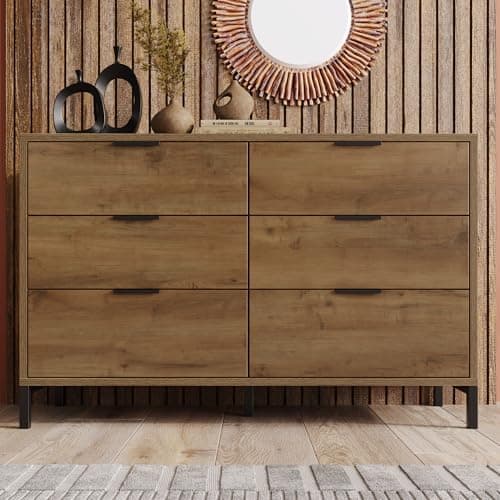Image of Merax Sideboard Cabinet Cupboard with 6 drawers, rustic Sideboards for Living Room, Kitchen, and Hallway, Adjustable shelf, 120 x 40 x 76 cm, dark oak