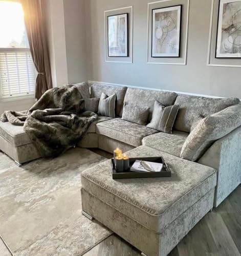 Image of Alaska Truffle L or U Shaped Corner Sofa | Large Footstools | Included | Chenille Fabric | L Shape U Shape (Highback), Grey