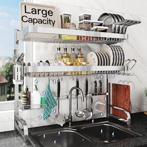 Image of romision Over Sink Dish Drainer Drying Rack, Stainless Steel Dish Rack Over Sink Sink Length Adjustable, Expandable Drainer Shelf Rack with Multifunctional Organizers, Sliver